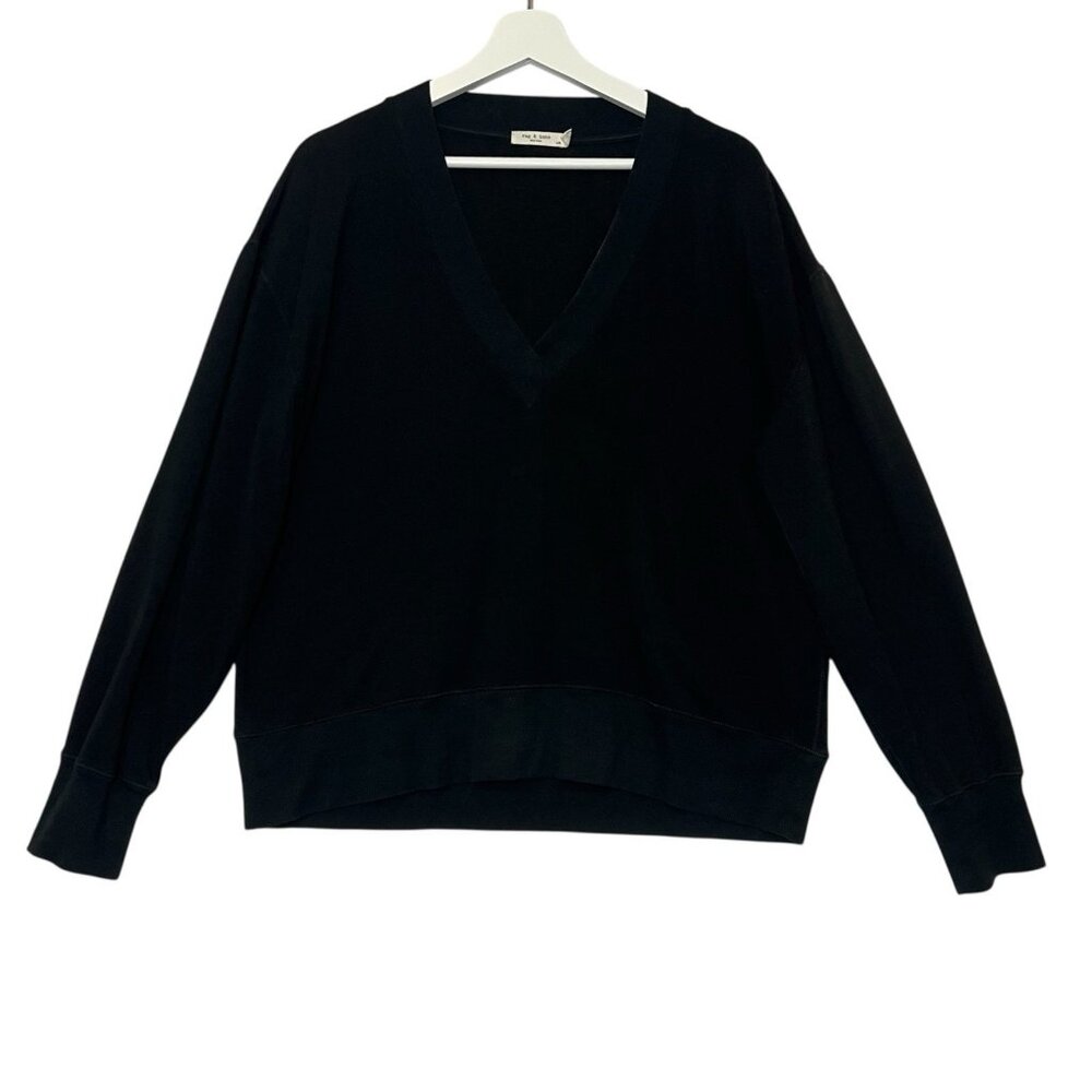 Rag & Bone V Neck Sweatshirt Size Large Women’s Black Flora Pullover Stretch - Picture 3 of 10